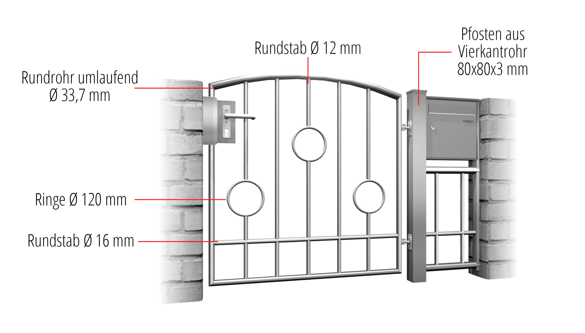 Tuindeur roestvrij staal 1-vleugel cirkel Bar, OB, BK